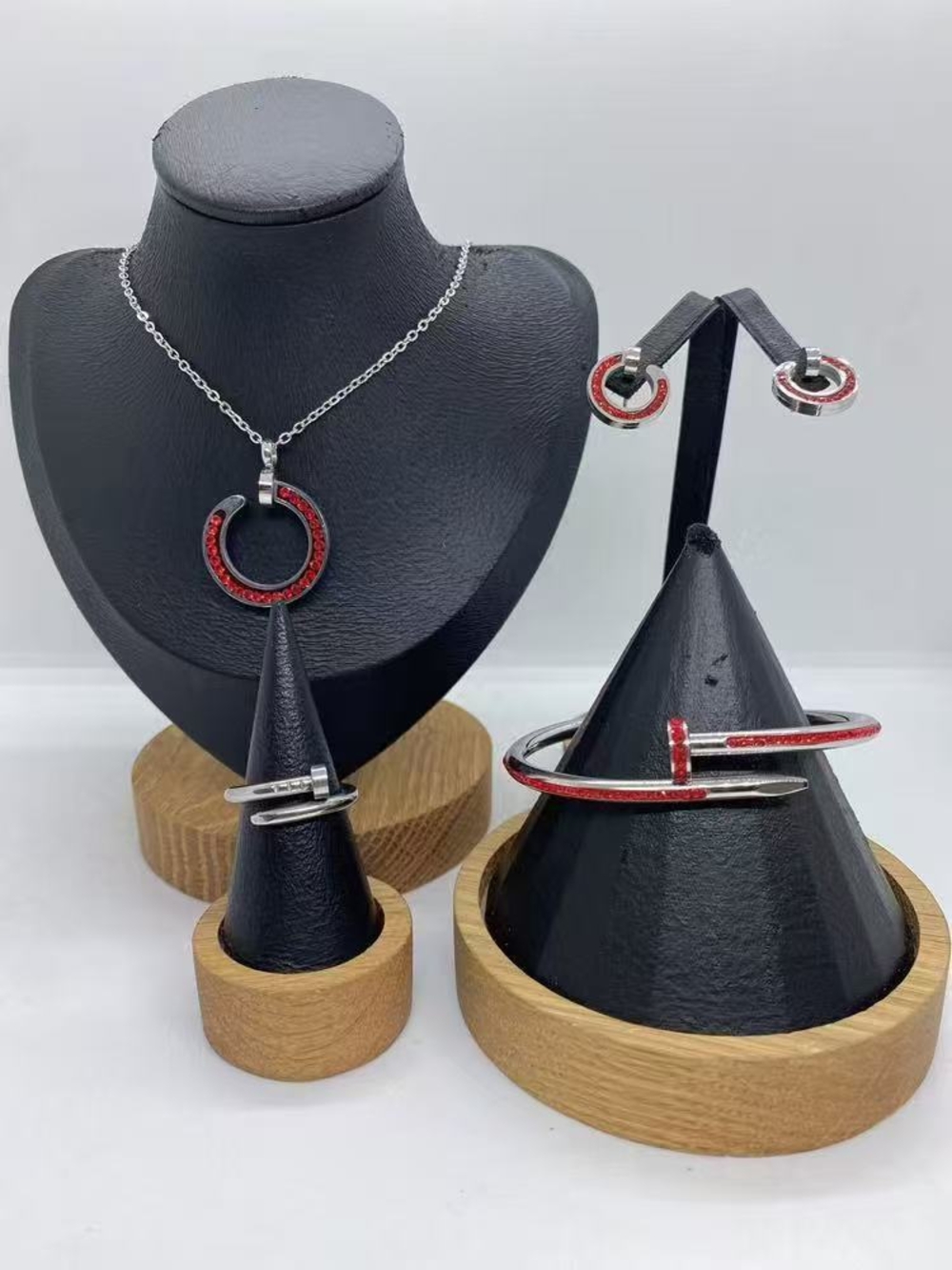 Red Crystal Circle Pendant Necklace and Matching Bracelet & Earring Set